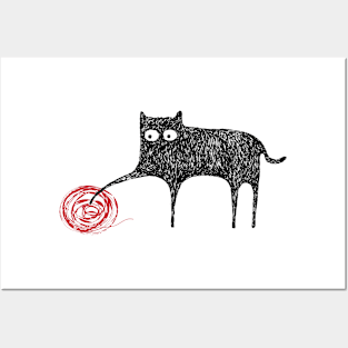 Cute Black Scribble Cat Playing With Ball of Yarn Posters and Art